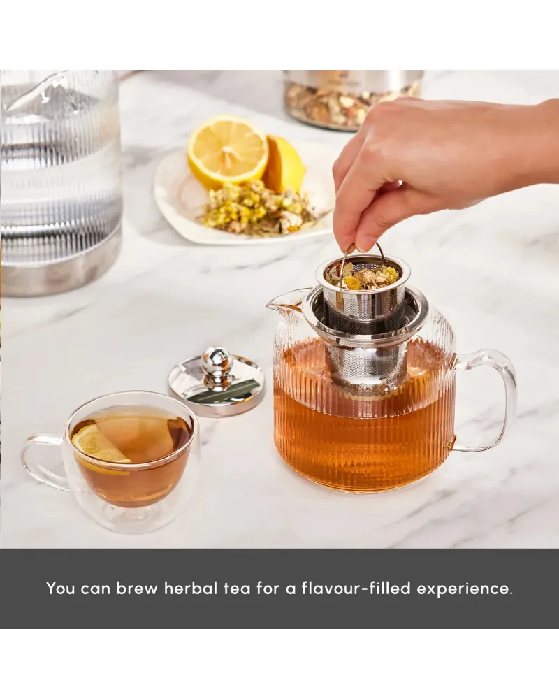 Karaca Kelly Borosilicate Glass Induction Teapot Set, Medium, Silver