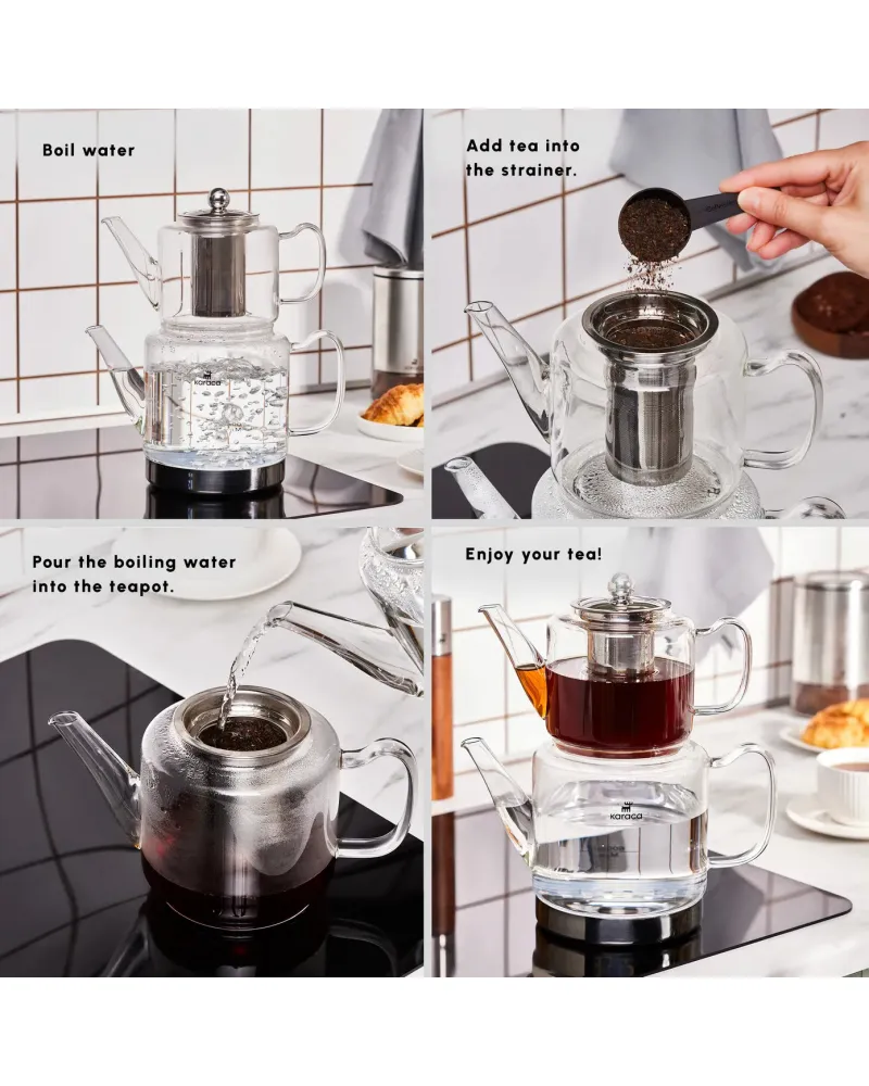 Karaca Dora Borosilicate Glass Induction Teapot Set, Xlarge, Clear