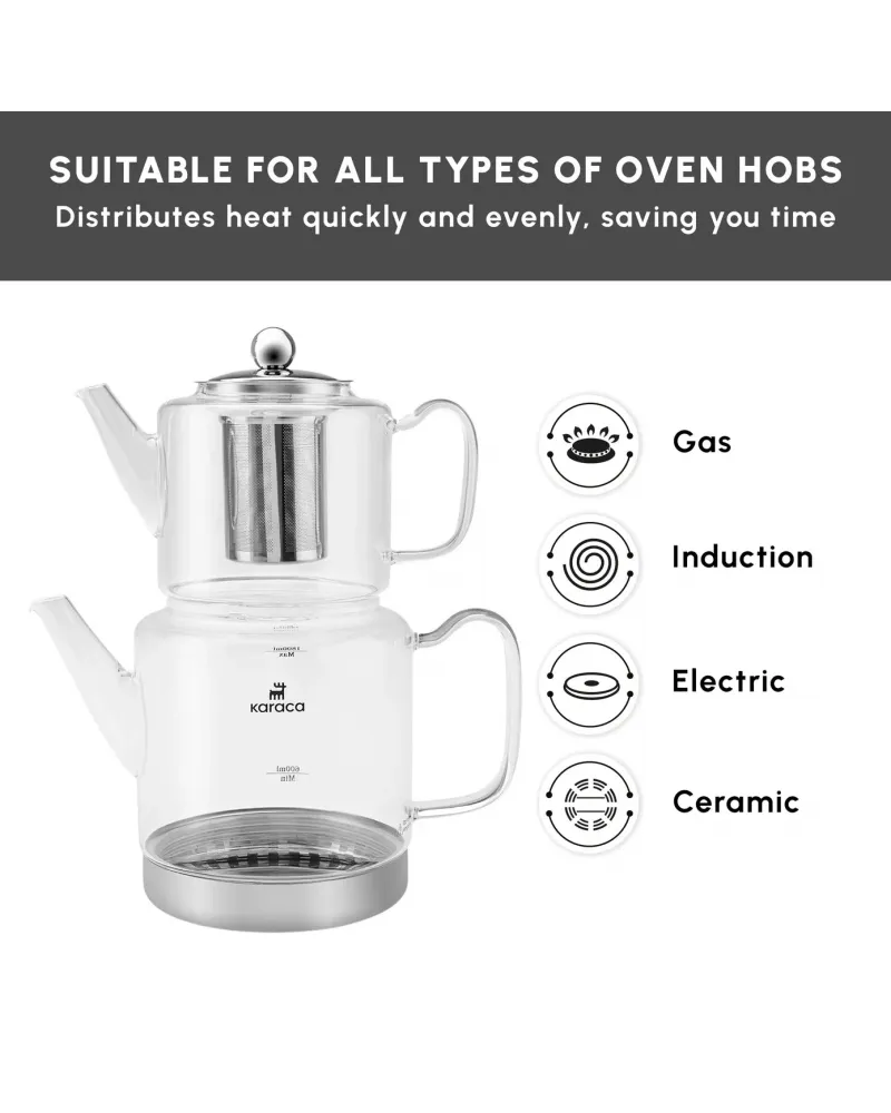 Karaca Dora Borosilicate Glass Induction Teapot Set, Xlarge, Clear