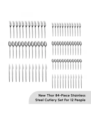 Karaca New Thor 84-Piece Stainless Steel Cutlery Set for 12 People, Silver