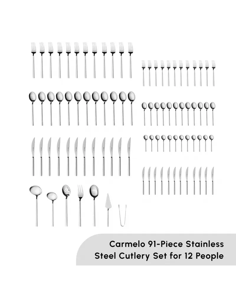 Karaca Carmelo 91-Piece Stainless Steel Cutlery Set with Utensil Set for 12 People, Platinum