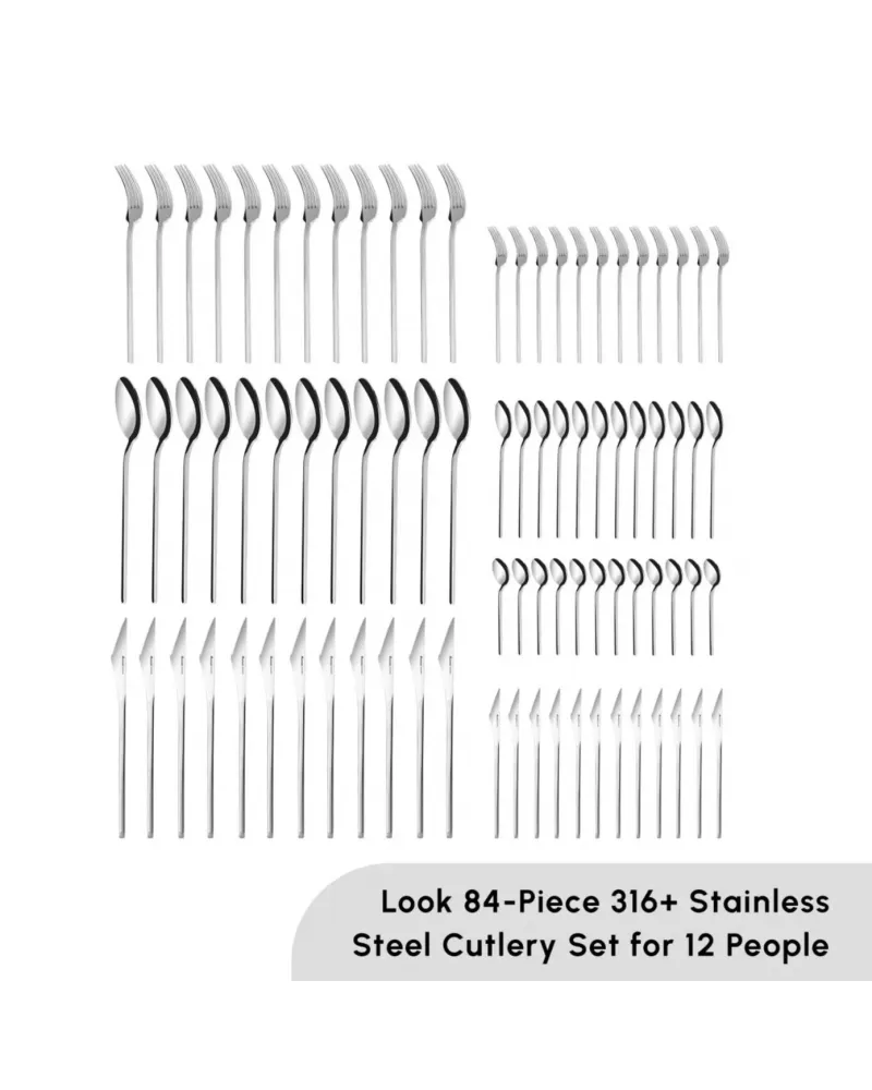 Karaca Look 84-Piece 316+ Stainless Steel Cutlery Set for 12 People, Silver