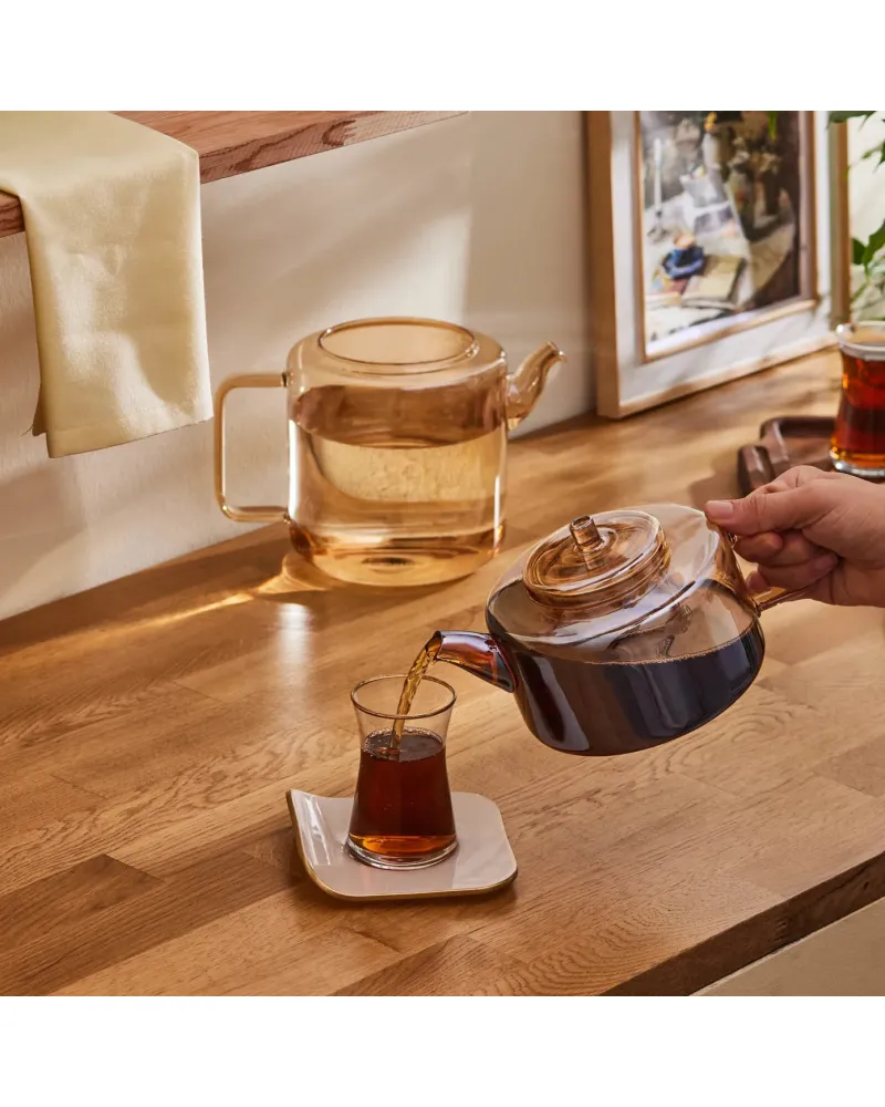 Karaca Flat Borosilicate Glass Teapot, Amber