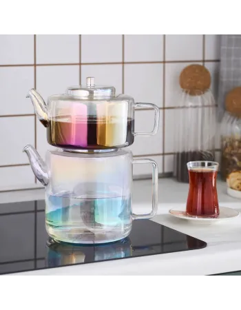 Karaca Flat Borosilicate Glass Luster Teapot, Multi