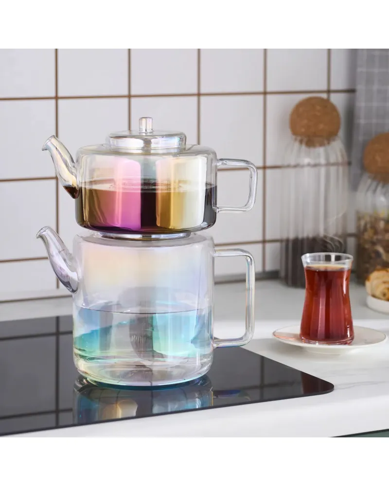 Karaca Flat Borosilicate Glass Luster Teapot, Multi
