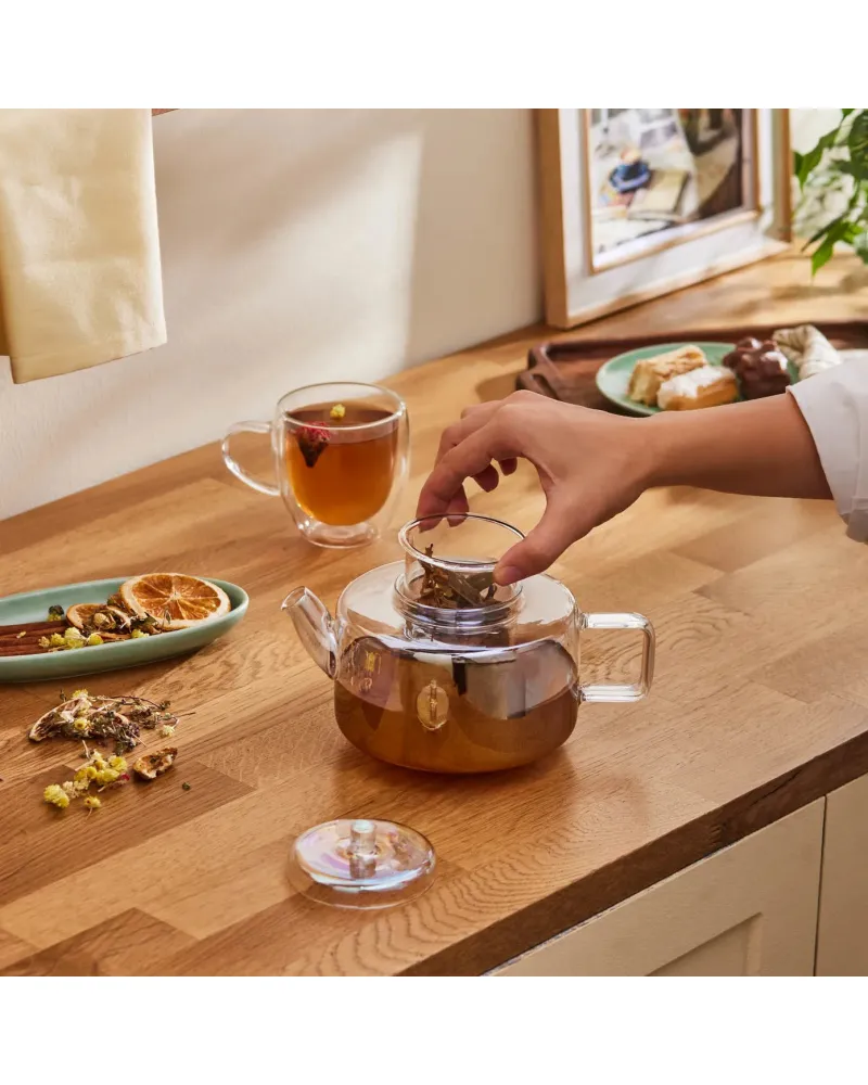 Karaca Flat Borosilicate Glass Luster Teapot, Multi