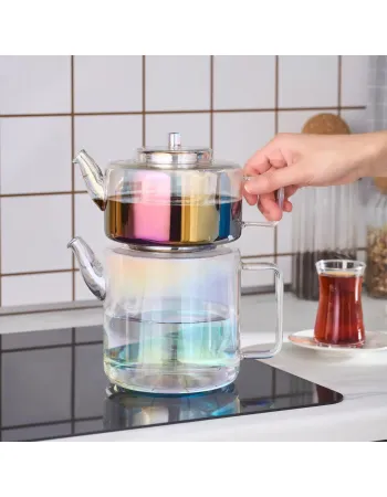 Karaca Flat Borosilicate Glass Luster Teapot, Multi