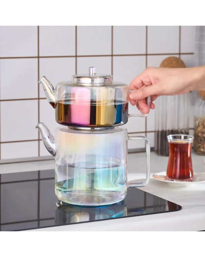 Karaca Flat Borosilicate Glass Luster Teapot, Multi