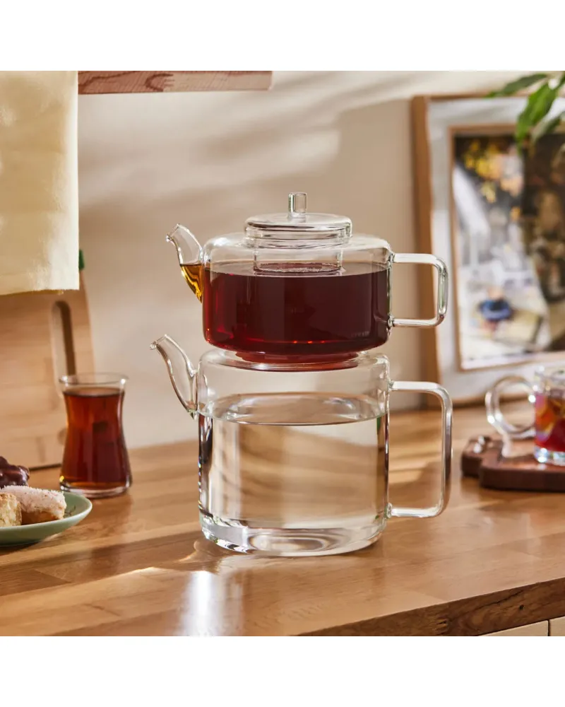 Karaca Flat Borosilicate Glass Teapot, Clear