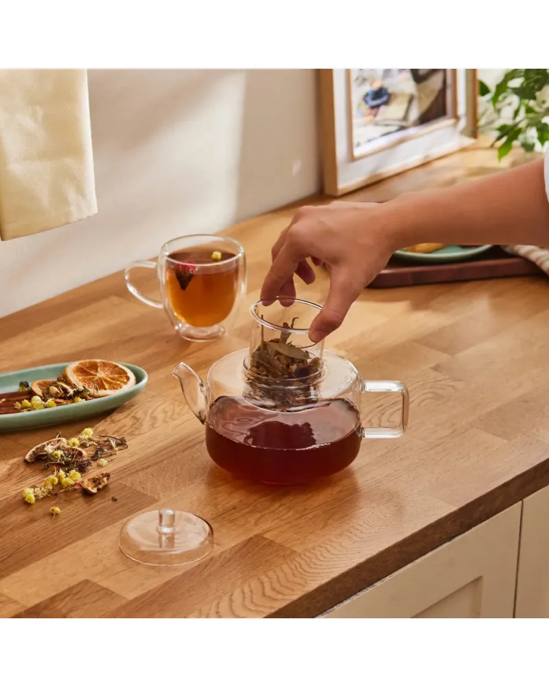 Karaca Flat Borosilicate Glass Teapot, Clear