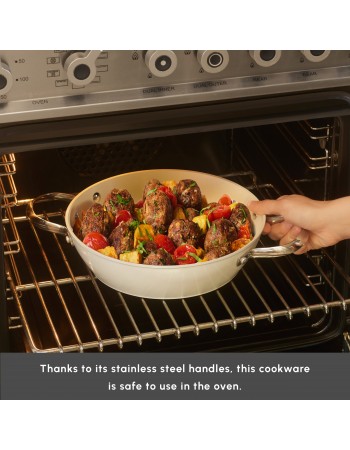 Karaca Swiss Crystal Almond Cream Non-Stick Induction Stainless Steel Handle Casserole & Lid, 24cm, Cream