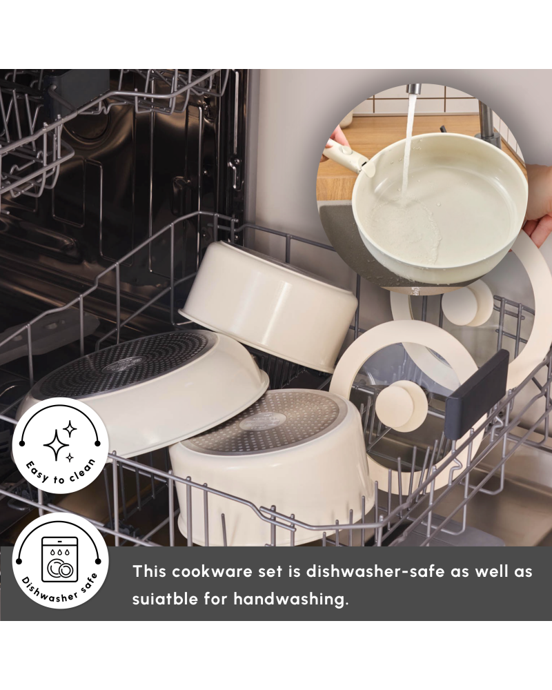 Karaca Ceramica Comfort 6-Piece Non-Stick Induction Detachable Cookware Set, Cream