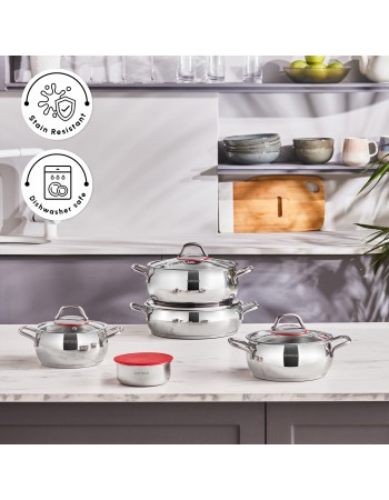 Karaca Emirgan XL 10-Piece Stainless Steel Induction Cookware Set with Storage Container, Silver Red