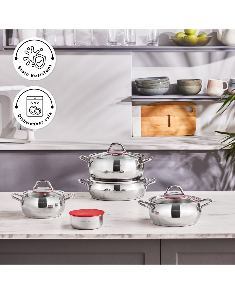 Karaca Emirgan XL 10-Piece Stainless Steel Induction Cookware Set with Storage Container, Silver Red
