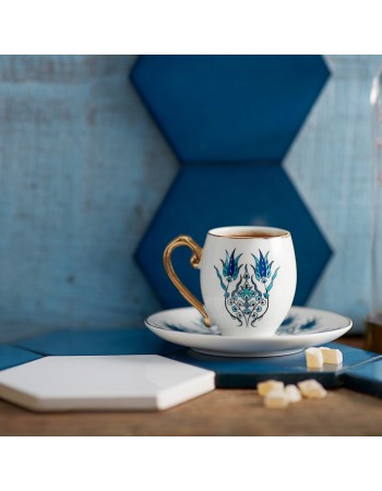 Karaca İznik 4-Piece Porcelain Espresso Turkish Coffee Cup Set for 2 People, 80ml, White Blue