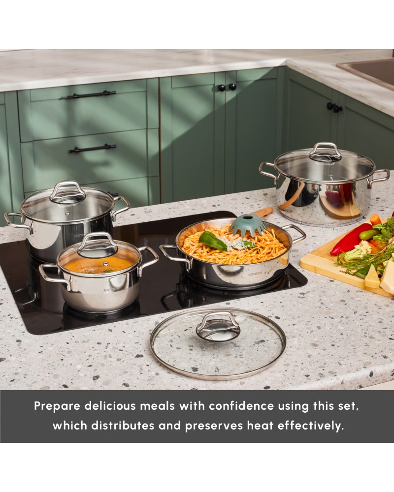 Karaca Belgrad 15-Piece Complete Stainless Steel Kitchen Cookware Set, Silver