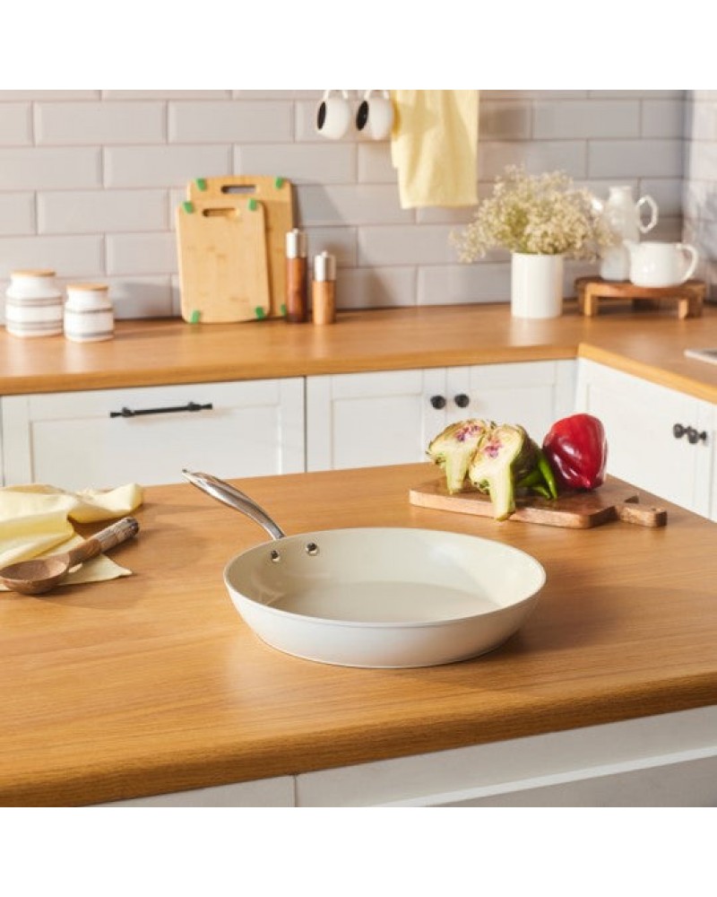 Karaca Swiss Crystal Almond Cream Non-Stick Induction Stainless Steel Handle Pan, 32cm, Cream