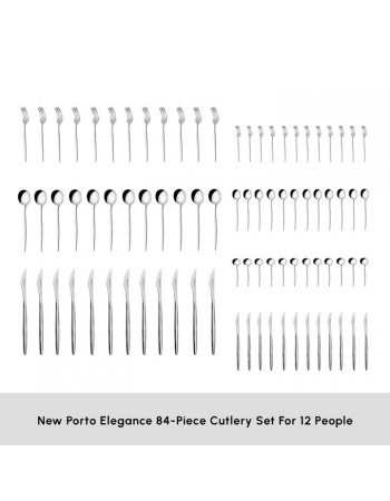 Karaca New Porto Elegance 84-Piece Stainless Steel Cutlery Set for 12 People, Silver